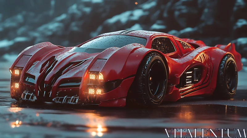 Futuristic red hypercar idles on wet reflective roadway at dusk