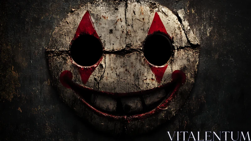 Rotten carnival smile carved into a haunted wooden mask.