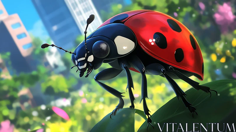 Macro ladybug study over city park foliage. Period.