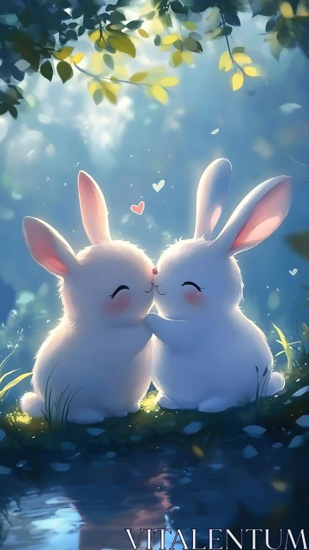 Two white rabbits touching noses beside reflective water surface.
