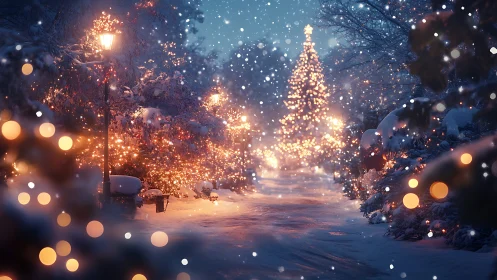 Digital painting of snowy park path with festive bokeh lights.
