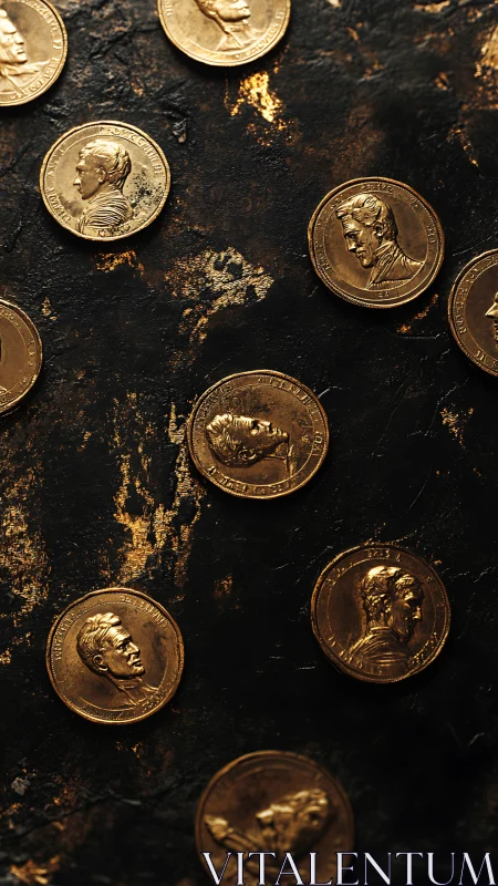 Multiple bronze coins lie scattered on a dark textured surface