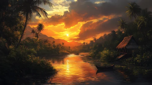 Sunlit tropical river retreat glowing with evening calm.