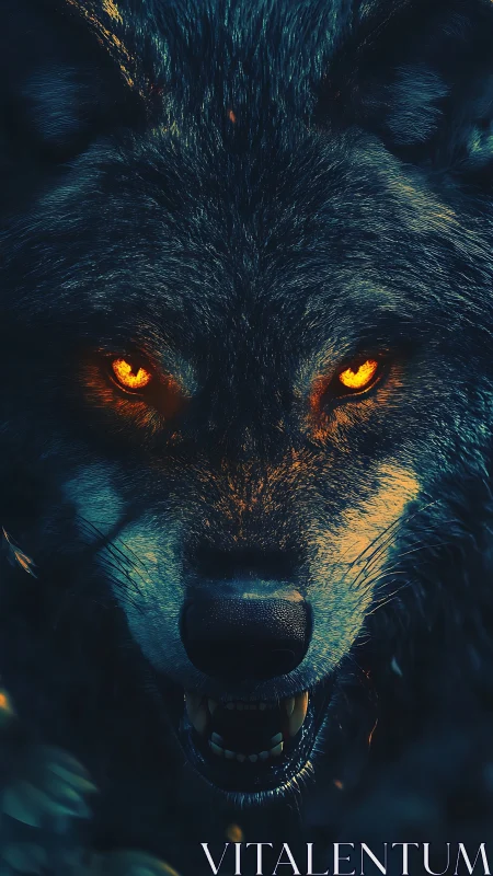 Close frontal portrait of wolf with glowing orange eyes.