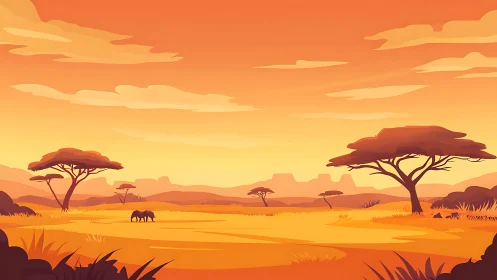 Savanna landscape shows acacia trees and a grazing animal