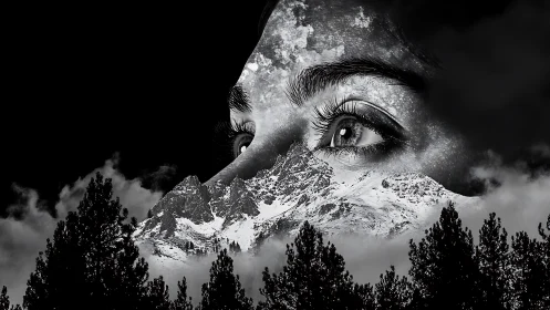 Monochrome double exposure merges human gaze with alpine landscape