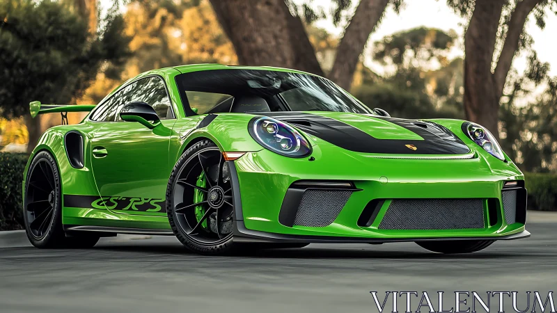 Lime-green track predator prowls beneath sunlit trees.