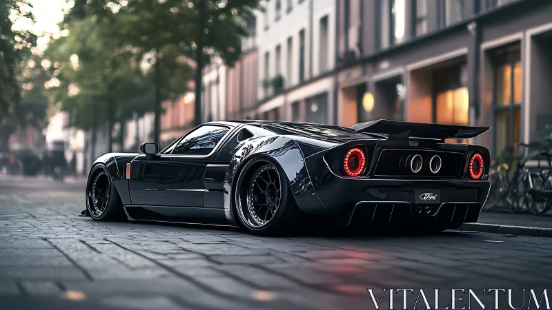 Low black supercar sits on wet cobblestone city street