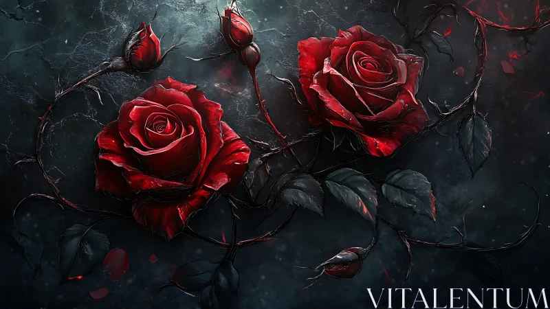 Crimson Roses Against Darkness: Digital Gothic Still Life.
