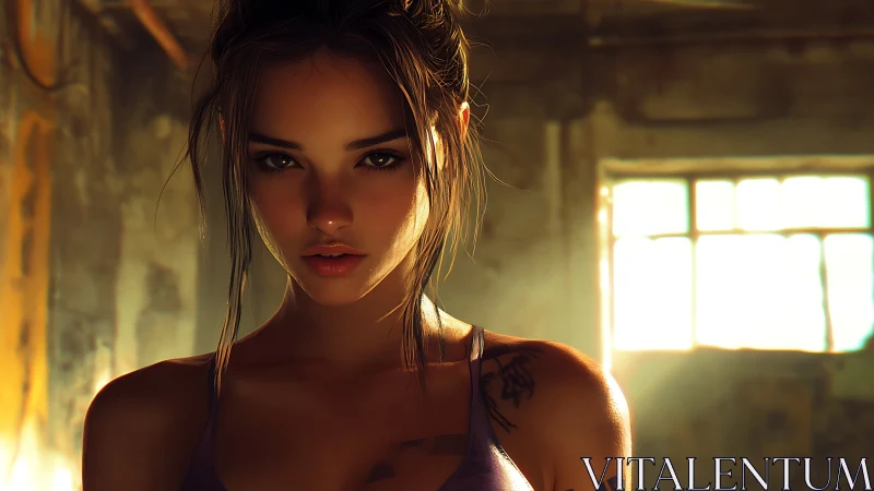 Photorealistic portrait in backlit industrial interior focus.