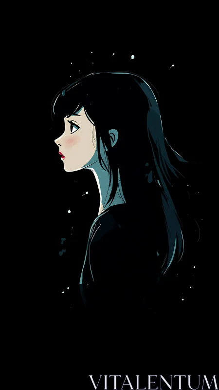 Profile of contemplative girl in minimalist dark space.