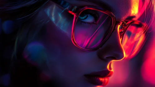 Neon-lit gaze ignites the night through glass and color.