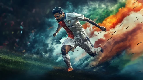 Dynamic football runner cutting through tricolor particle clouds