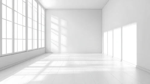 Empty white interior shows large grid windows and light