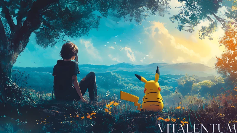 Atmospheric valley vista with trainer and yellow creature companion.