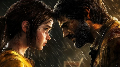 Rain-soaked guardians lock gazes in stormlit resolve.