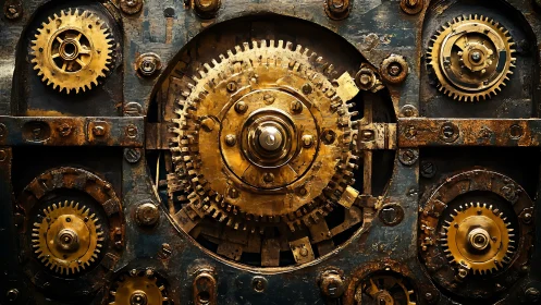 Brass clockwork heart turning inside a weathered iron vault.