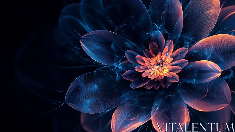 Digital fractal flower with luminous blue and orange petals.