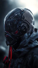 Mysterious futuristic wanderer in a glowing tech helmet.