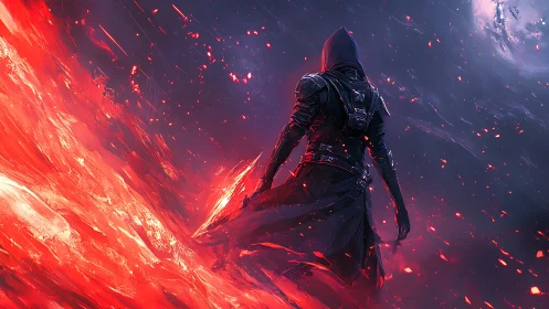 Hooded warrior surveys volcanic horizon with high-contrast nebular sky