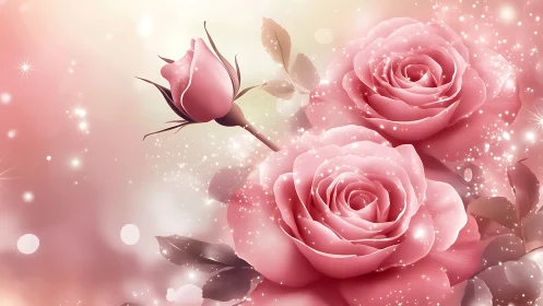 Luminous Pink Roses with Bokeh Sparkle Effect.