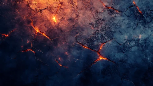 Molten Lava Flow Through Volcanic Cracks and Terrain