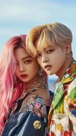 Stylized portrait of two fashion models in vivid clothing.