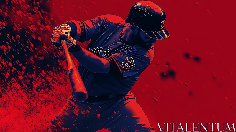 Baseball batter swings bat in stylized red blue render