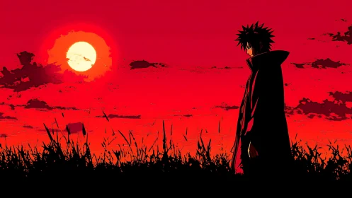 Quiet anime wanderer under a blazing crimson sunset sky.