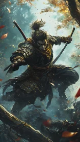 Dynamic armored samurai lunges through autumn forest canopy