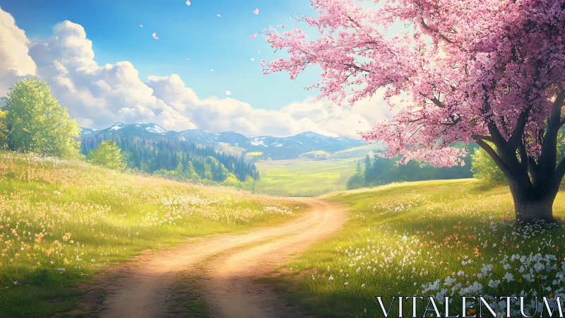 Blossom road curling toward soft whispered mountain light.