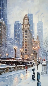Historic city bridge and clocktower glow in gentle snowfall.