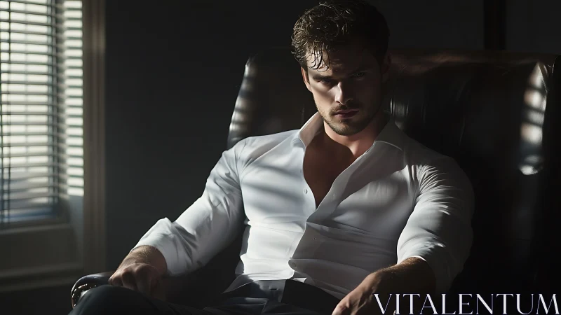 Moody office portrait in late afternoon window light.