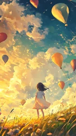 Girl beneath sunset balloons over golden wildflower hill.
