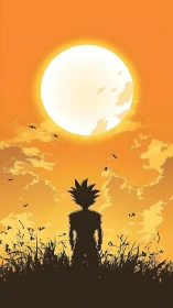 Silhouetted spiky-haired figure under large sunset sun.