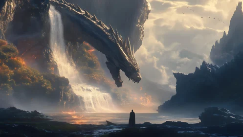 Colossal dragon confronts lone figure amid cascading falls