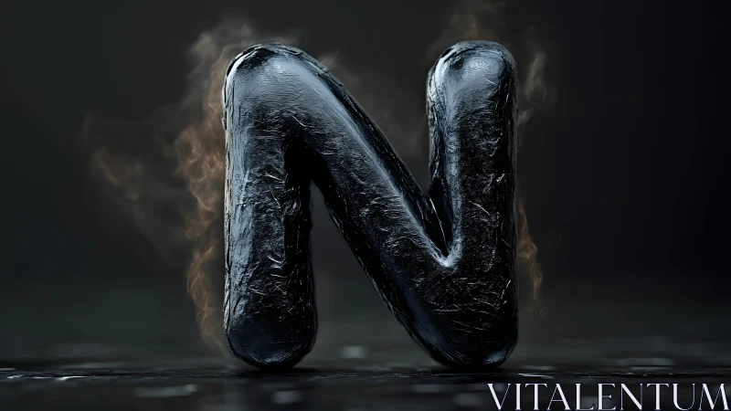 Glossy Black 3D Letter N with Smoky Effect on Dark Background.