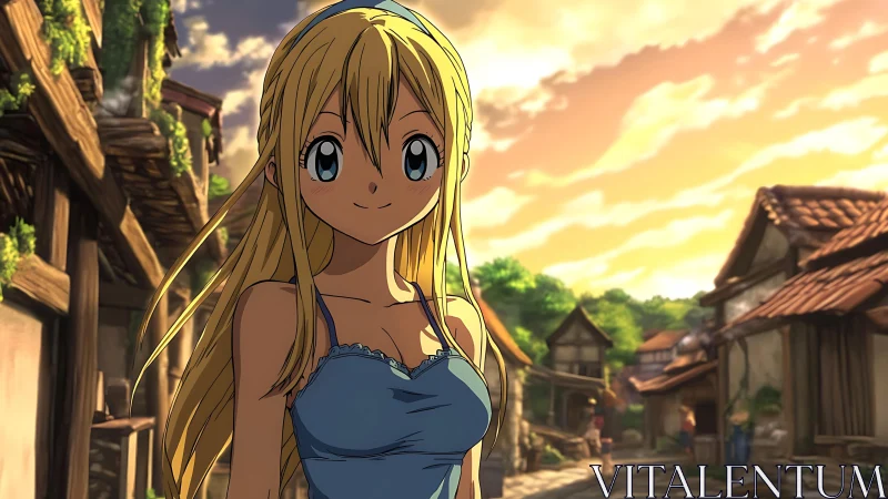 Sunlit village stroll with a bright-eyed blonde heroine.
