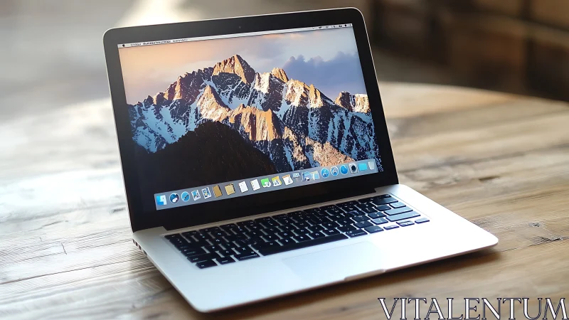Open laptop on wooden table displaying mountain wallpaper.