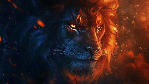 Fiery elemental lion emerges from glowing cosmic shadows