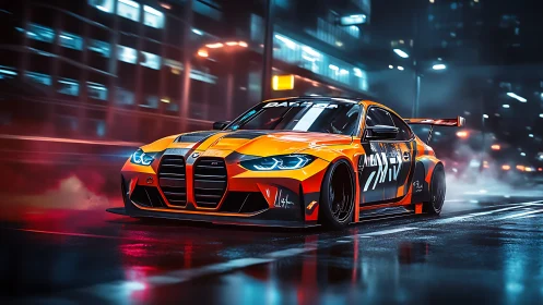 Aerodynamic widebody race car accelerates through neon-lit city street