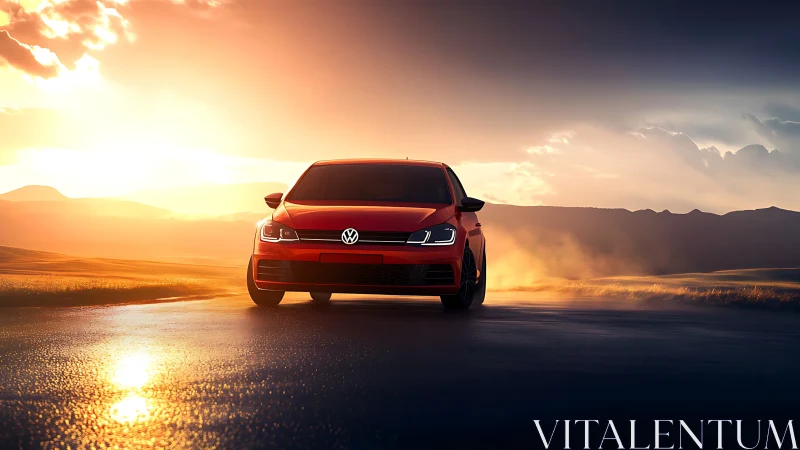 Crimson hatchback charges into a blazing cinematic sunrise road.