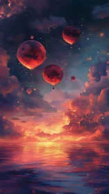 Luminous red hot air balloons over reflective sunset ocean sky
