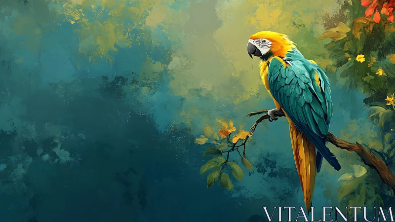 Vibrant Macaw Parrot on Branch in Artistic Digital Painting Style.