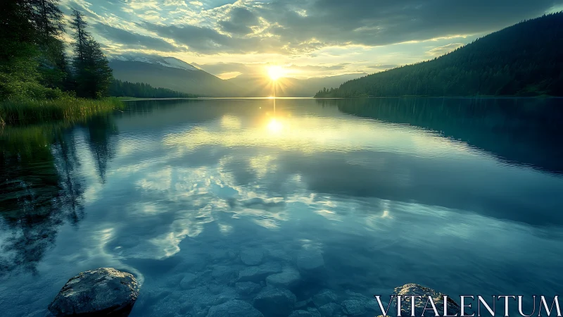 Sunrise spell over glassy mountain lake and quiet pines.