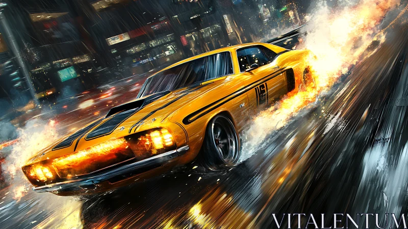 Midnight streets ignite as a blazing muscle car charges on.
