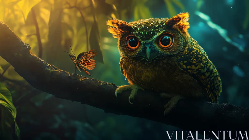 Curious owl with bright eyes and butterfly in magical forest art.