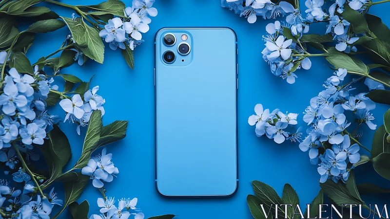 Light blue smartphone surrounded by delicate blue floral specimens.