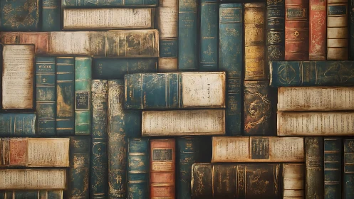 Digital painting of antique book spines in grid layout.