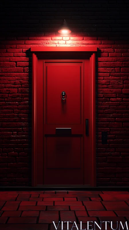 Red exterior door illuminated by overhead wall light